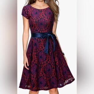 Miusol Women's Vintage Floral Lace Contrast Cocktail Dress, dark red & deep blue